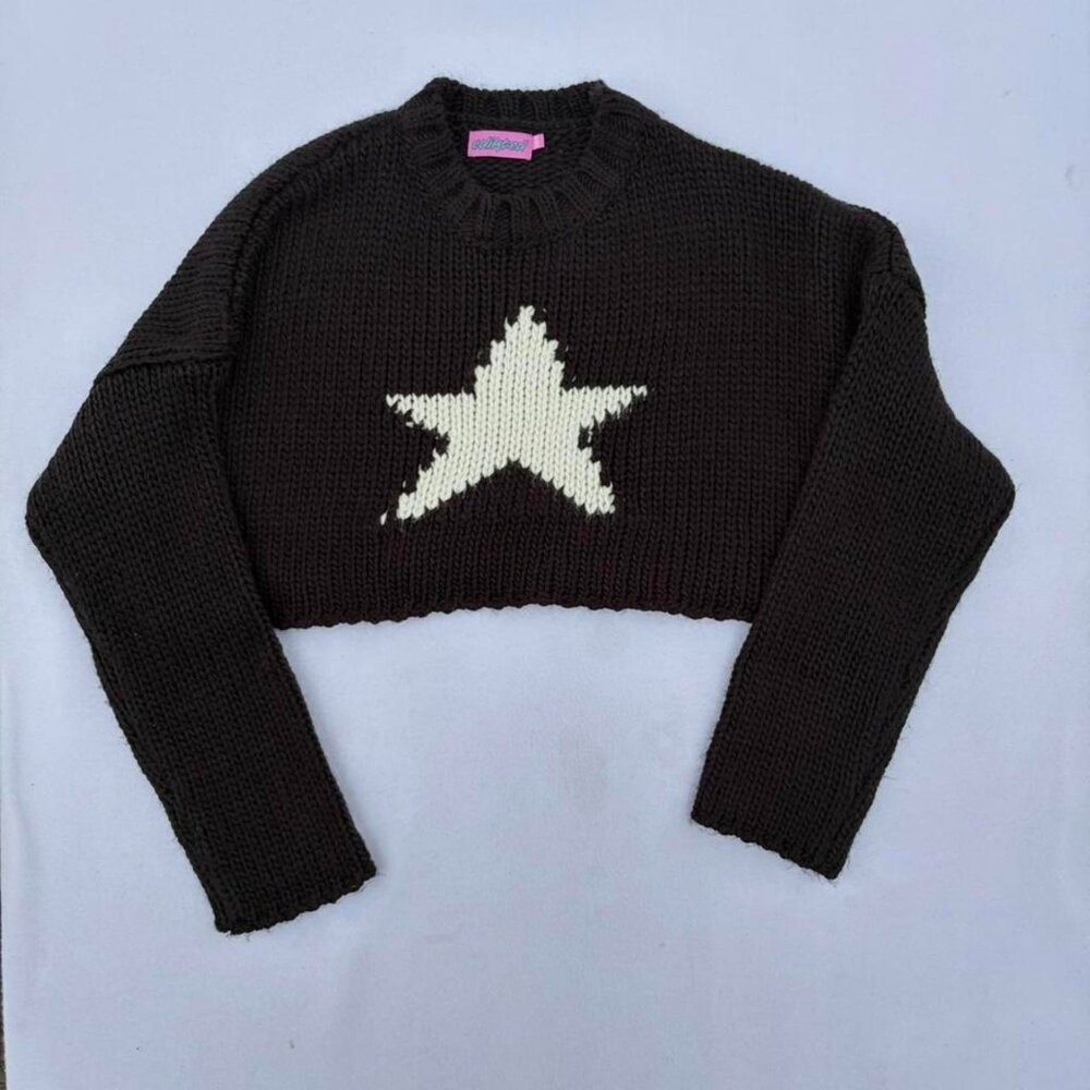 Edikted Mega Star Cropped Black Knit Sweater Sz XS/S Grunge Baggy Oversized Fall